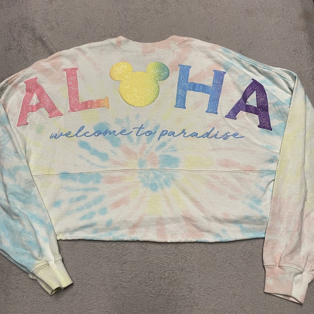 Aulani Resort Disney Spirit Jersey Medium Rainbow Tie‎ Dye Cropped Sparkle Aloha